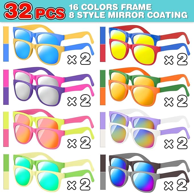 32 Pack Kids Sunglasses Bulk, Sunglasses Party Favors for kid, 16 Colors Neon Sunglasses with UV400 Protection, Gift for Birthday, Beach, School Prizes Goodie Bags Stuffers, Summer Pool Party Supplies