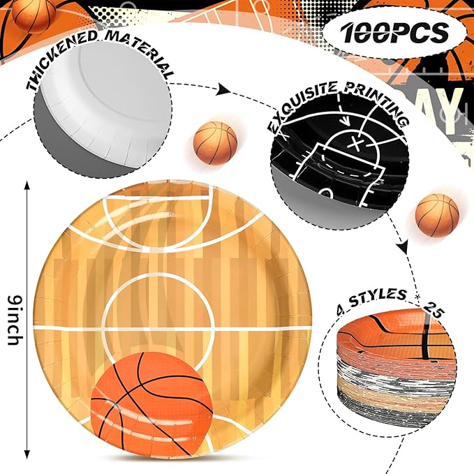 Qinyoung 100 Pcs Basketball Paper Plates 9" Disposable Birthday Party Plates Dinner Dessert Tableware Supplies for Basketball Sports Themed Birthday Game Day Party Decorations, Serves 50(Mixed Colors)