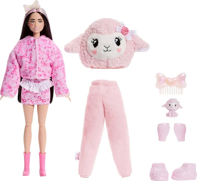 Barbie Cutie Reveal Doll & Accessories, Cuddly Series Lamb with 10 Surprises Including Color Change & Mini Pet