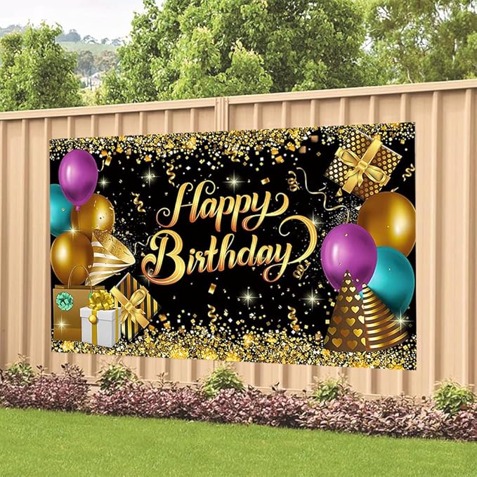 Black and Gold Birthday Party Backdrop Glitter Black Gold Balloon Happy Birthday Banner Luxurious Photography Background for Home Decorations Party Supplies 70.8 x 47.2 Inch