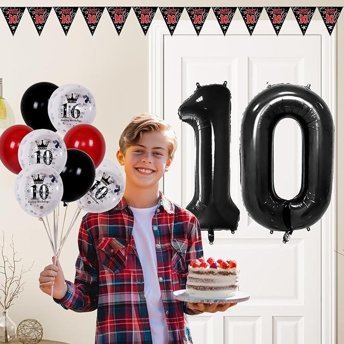 10th Birthday Decorations for Boys Girls, Double Digits Boy Red Black Happy 10th Birthday Decorations, 10 Year Old Birthday Door Banner Sign, Triangle Flag, Large 10 Balloons Decor Tenth Bday Party