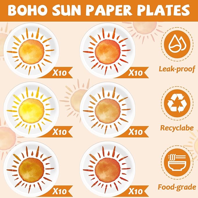 CHUNNIN 60 Pcs Boho Sun Theme Party Plates for Groovy Hippie Party Decorations 9 Inch First Trip Around The Sun Paper Plates Disposable Sunshine Tableware for Baby Shower Birthday Supplies