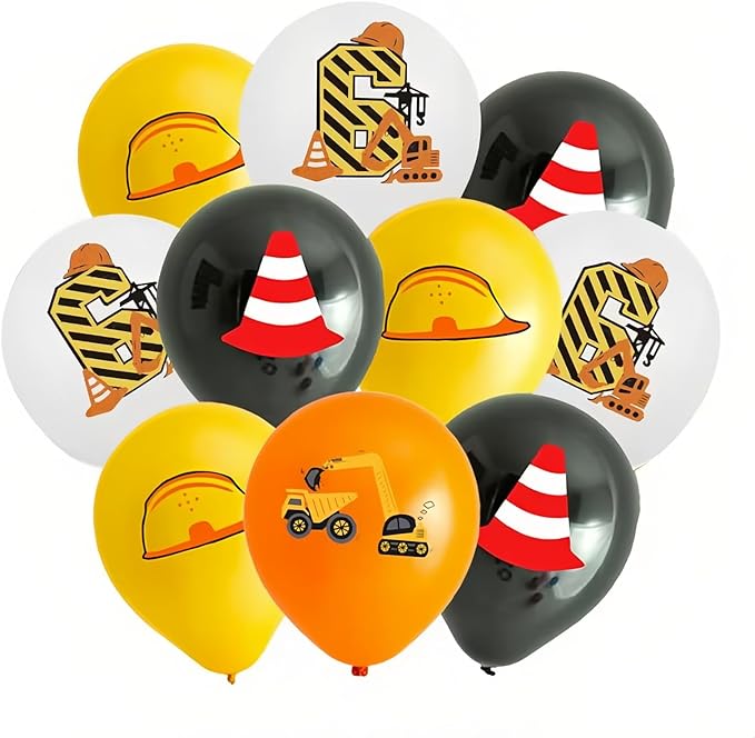 Yellow Black White 6th Birthday Balloons for Boys Girls 6th Birthday Party Decorations, 12inch 12pcs Construction Happy 6th Birthday Balloons Party Balloons for Boys Girls Construction Theme Party