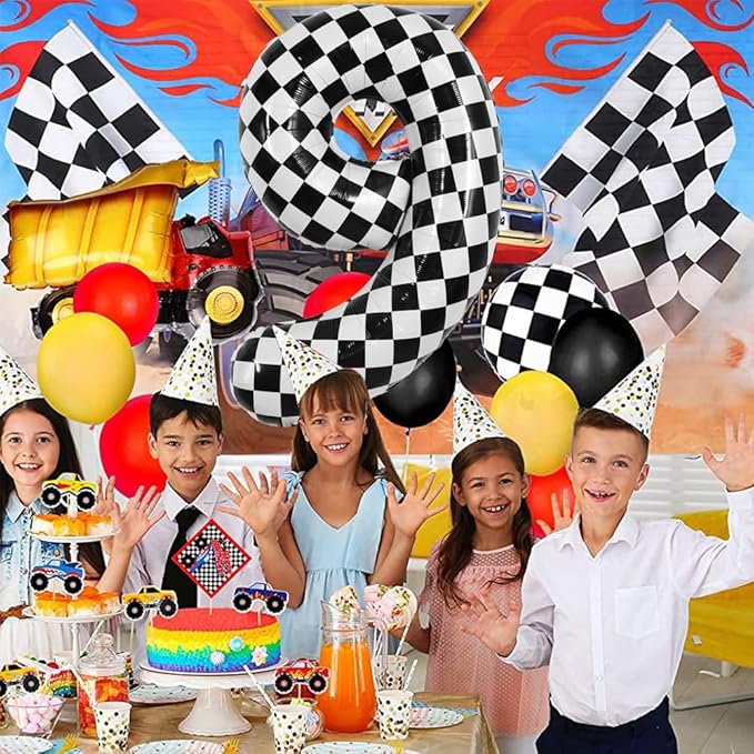 TONIFUL 40 Inch Checkered Number 9 Balloon 9th Race Car Birthday Party Supplies Black and White Large Number Balloon for Girls Boys 9th Birthday Fast Race Car Flag Party Decorations