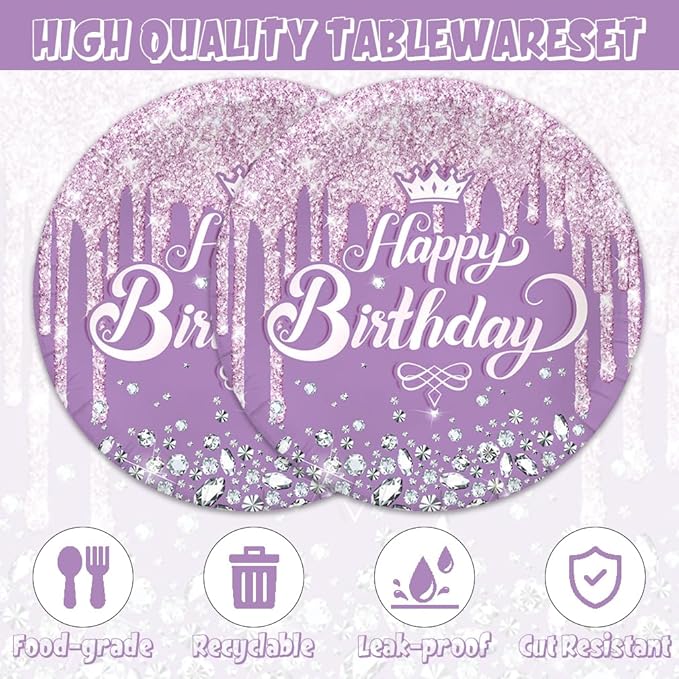 41pcs Purple and Silver Party Supplies ,include 20 dessert plates,20 Napkin and 1pcs Tablecloth,Used for Purple Silver Glitter Birthday Party Decoration Set