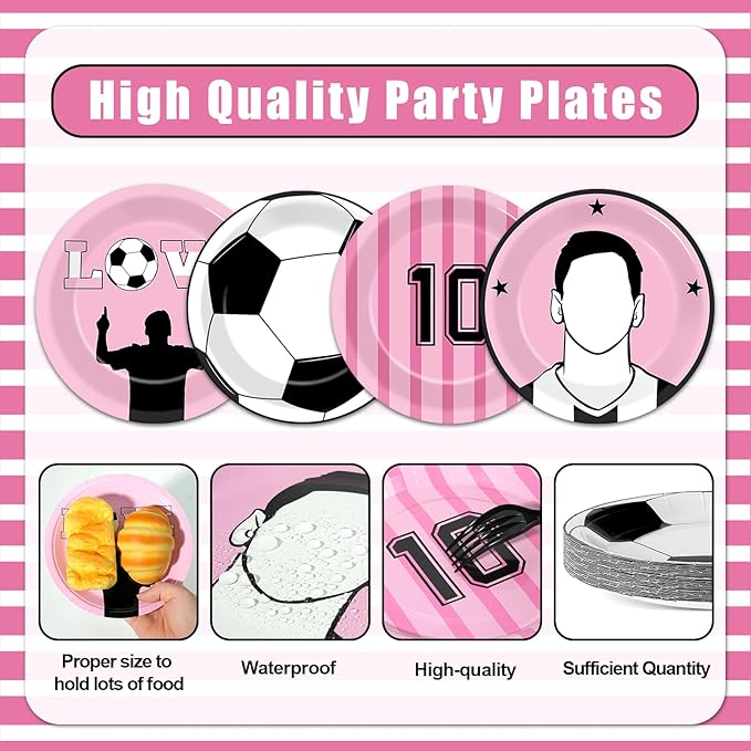 48Pcs Soccer Paper Plates Soccer Star Disposable Dessert Plates Supplies 7Inch Black and Pink Sports Ball Plate Sport Party Dinnerware Decorations for Birthday Baby Shower Party Decorations