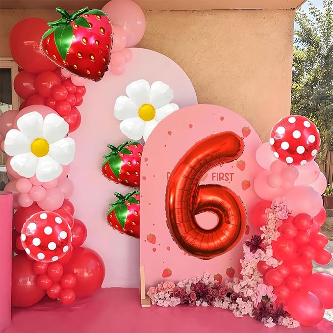 Strawberry Balloons Sixth Birthday Decorations for Girl, 40 Inch Mylar Red Number 6 Balloons, Strawberry Balloon for Strawberry Party Decorations, Strawberry Birthday Decorations