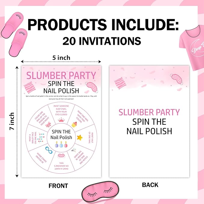 Funny Slumber Party Games Sleepover Game Party Games Spin The Nail Polish Set of 20 pcs Game Cards Cute Pajamas Party Favor Activity Birthday Party Decor Supplies - FS284