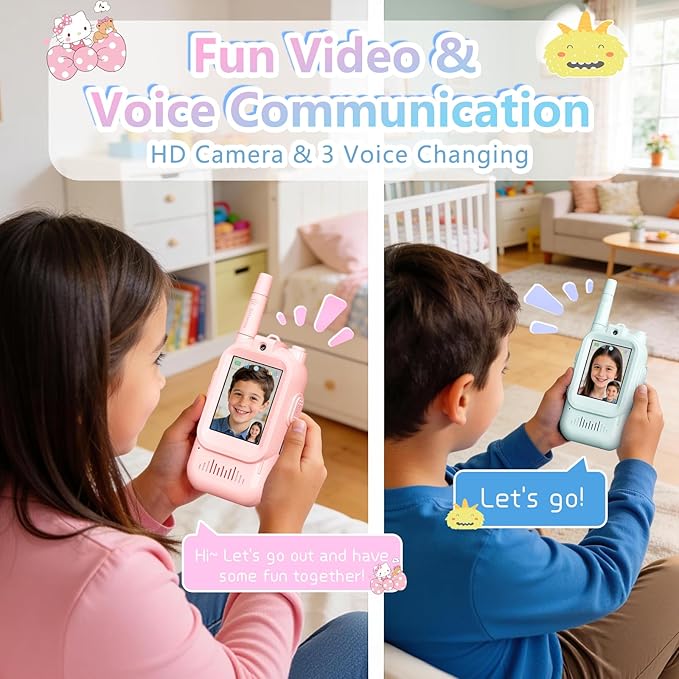 Video Walkie Talkies, Rechargeable Toddler Toys with HD Camera & 4 Switchable Voice, 1000FT Range for Christmas Birthday Gifts for Family Game, Camping for Boys Girls Ages 3-12 (Blue/Pink), 2 Pack