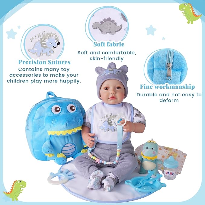 BABESIDE 18 Pcs Reborn Baby Doll Accessories for 17-22 Inch Dolls – Dinosaur Baby Doll Clothes Set with Diaper, Backpack, Feeding Set,Toy, Bottle, and Toys, for Boys & Girls