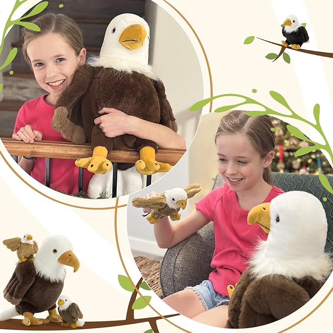 4Pcs Bald Eagle Stuffed Animal, 18 Inch Mommy Eagle Plush with 3 Baby Chicks, Stuffed Bald Eagle Plushie Toy Gifts for Kids