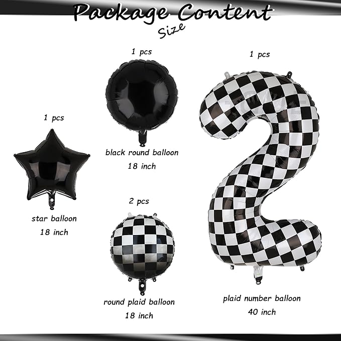 40 Inch Checkered Number Balloon 2 Black and White Two Fast Race Car Birthday Balloons Baby Hippie Smile Party Shower Boys 2nd Birthday Race Car Theme Party Decor Supplies 5 Pcs