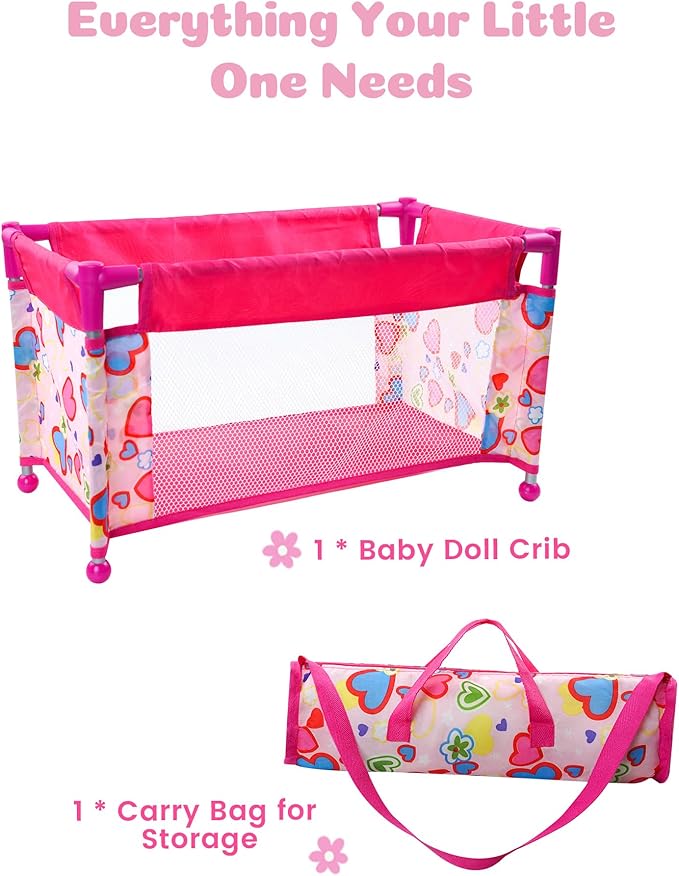 BABESIDE Baby Doll Crib for 18" Reborn Dolls,Baby Doll Bed with Storage Bag, Reborn Babydolls Accessories for Age 3+,Doll Crib Playpen for Kids,Pink