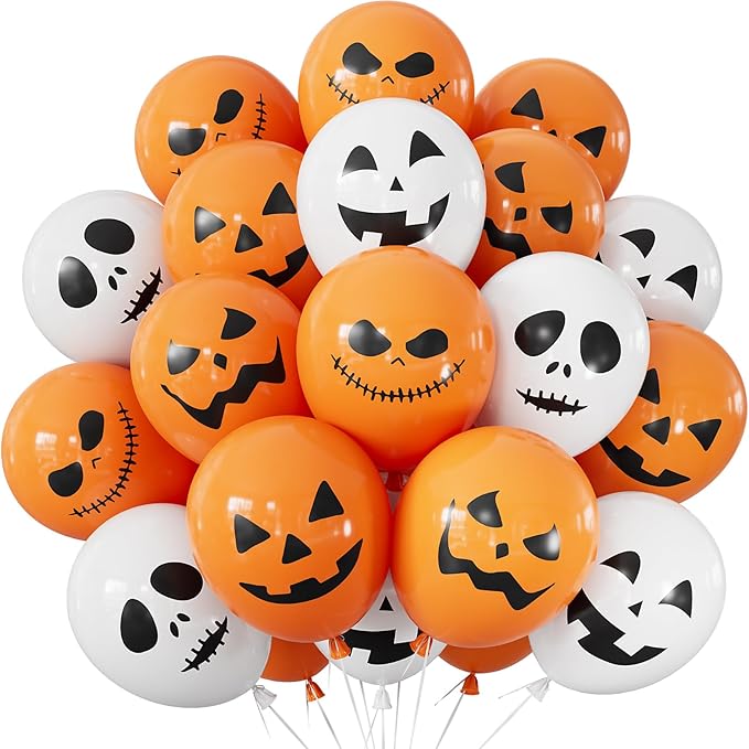 Halloween Balloons, 12 Inch Ghost Balloon, 50 Pcs Orange and White Spooky Pumpkin Latex Balloons for Halloween Party Decorations, Birthday, Spooky Backdrop, Indoor Outdoor Supplies