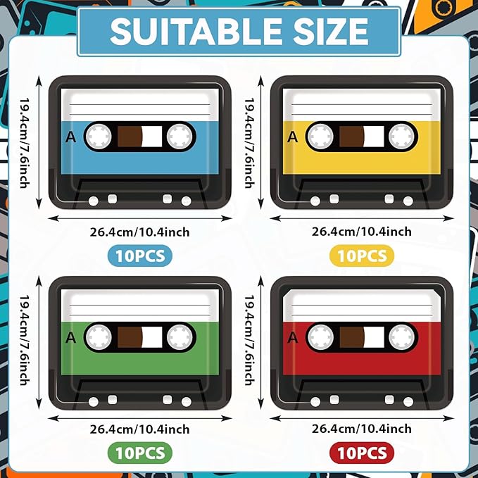 40PCS Cassette Tape Plates 70s 80s 90s Party Decorations 10 x 7 Inch Retro Square Paper Plates Tableware Music Themed Party Disposable Dinnerware for Retro Disco Hip Hop Kpop Theme Birthday Supplies