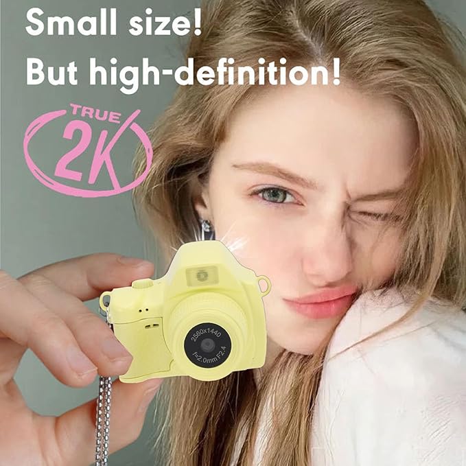 Bewinner 2K Digital Camera, Retro Keychain Camera with 1.47 Inch LCD Display and LED Light for Teens Students Travel (Yellow)