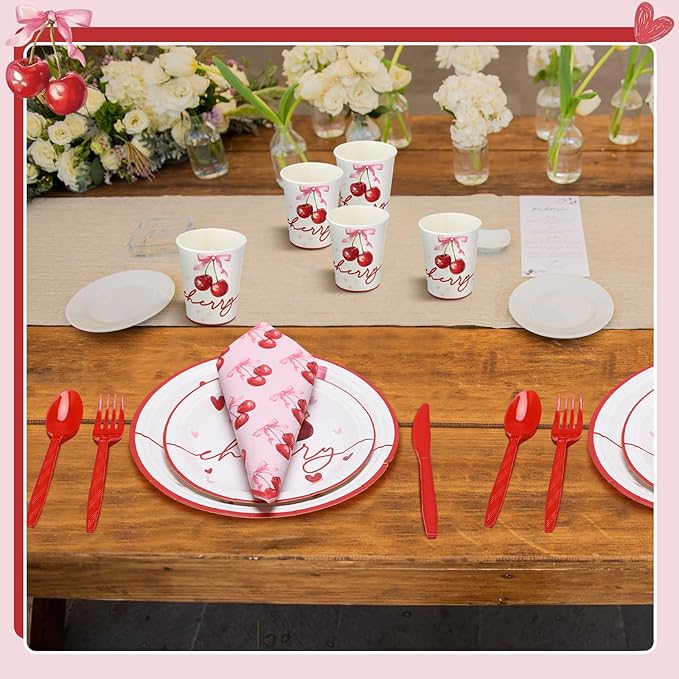 168 Pcs She's Ready to Pop Cherry Bow Baby Shower Decorations Cherry Paper Plates and Napkins Coquette Party Supply Galentine's Valentine's Day Birthday Tableware for 24 Guests Bridal Wedding