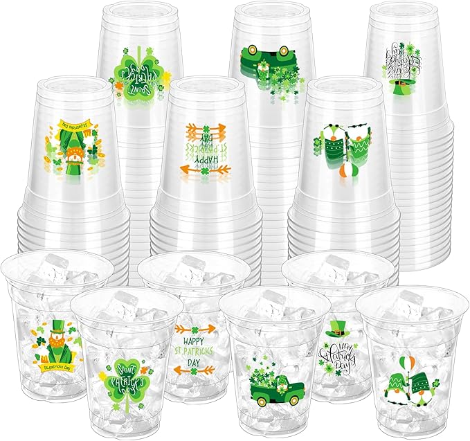 100 Pcs St. Patrick's Day Party Cups,12 oz St. Patrick Disposable Clear Plastic Cups Irish Green St Patrick's Day Party Lucky Clover Cups for St. Patrick Irish Birthday Party Irish Party Supplies