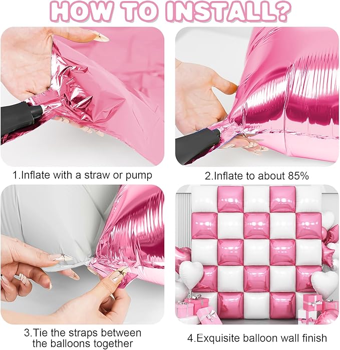 Pink White Square Foil Balloon Wall,25Pcs Double Sided Foil Balloons Backdrop Helium Polyester Tunnel Arch Garland Kit for Birthday Bridal Anniversary Baby Shower Party Decorations