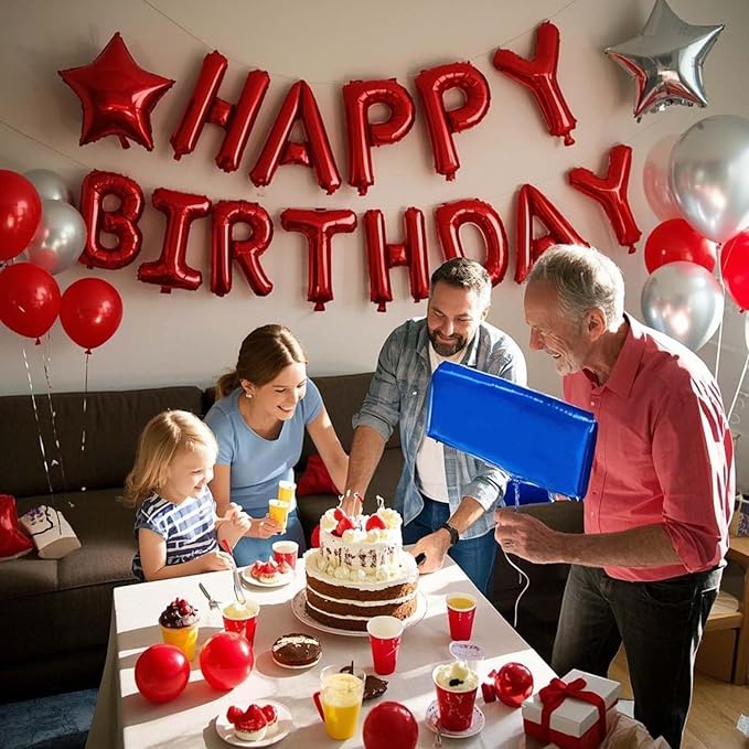 27 Pcs Red Silver Birthday Decorations, Red Happy Birthday Letters Balloon Banner 3D, Pentagram Heart Foil Balloons Confetti Balloons Kit For Boys Girls Party Supplies