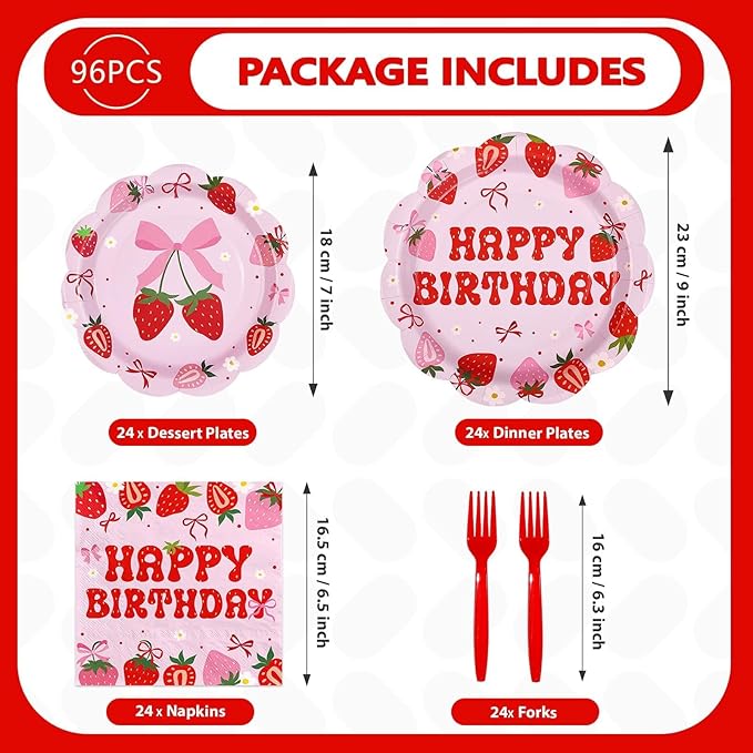96 Pcs Pink Strawberry Birthday Party Decorations Scalloped Sweet Bow Berry Plate and Napkin Disposable Fruit Berry Tableware Set for Birthday Baby Shower Girls Party Supplies Serve 24