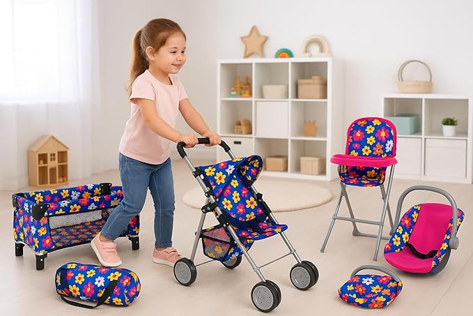 fash n kolor 4 Piece Baby Doll Play Set Flower Design Includes - Foldable Pack N Play, Baby Doll Stroller, Baby Doll High Chair, Infant Seat, Fits Up to 18'' Doll 4 Piece Doll Accessories Set