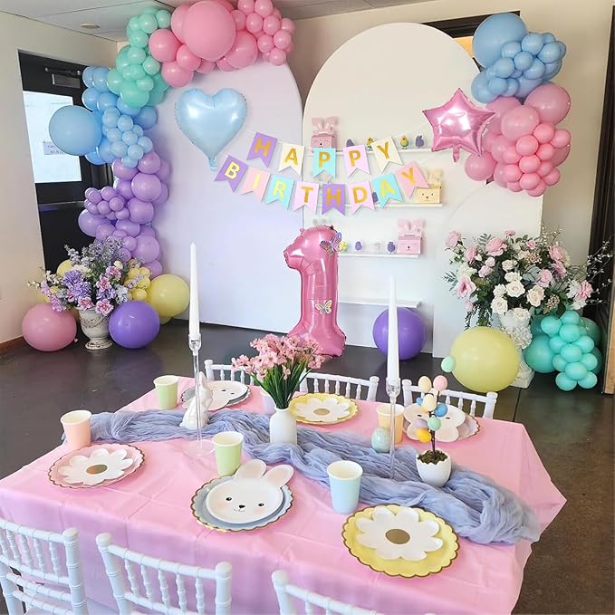 Pastel Rainbow Birthday Decorations,Easter Birthday Balloon Macaron Pink Blue Purple Green Yellow Colorful Confetti Balloons Banner Star Heart Foil Balloon for Baby Shower Easter Party