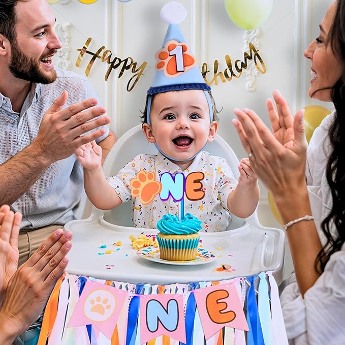 Blue Dog Highchair Banner for First Birthday Party Decorations Orange Navy Blue Dog Paw High Chair Tassel Garland for Boys Baby Shower 1st Birthday Backdrop Decors Puppy One Birthday Photo Props