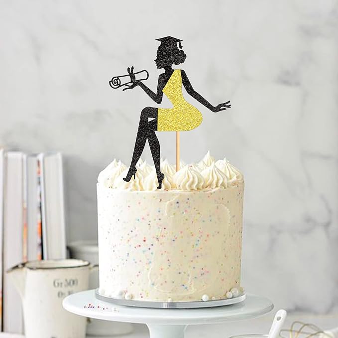 1 Pcs High Heel Girl Graduation Cake Topper with Grad Cap Diploma Cake Pick 2026 Senior Cake Decorations for 2026 Girl Graduation Theme Party - Black Gold Glitter