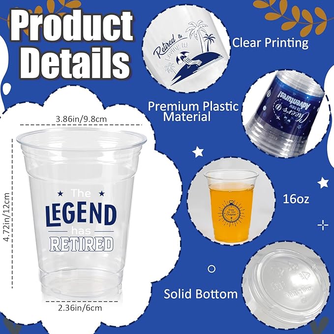 Retirement Party Decoration Cups, 50pcs 16 Oz Plastic Drinking Cups for Retirement Christmas Party Supplies Favors Women Men Snack Cup Bulk (Blue and Silver)