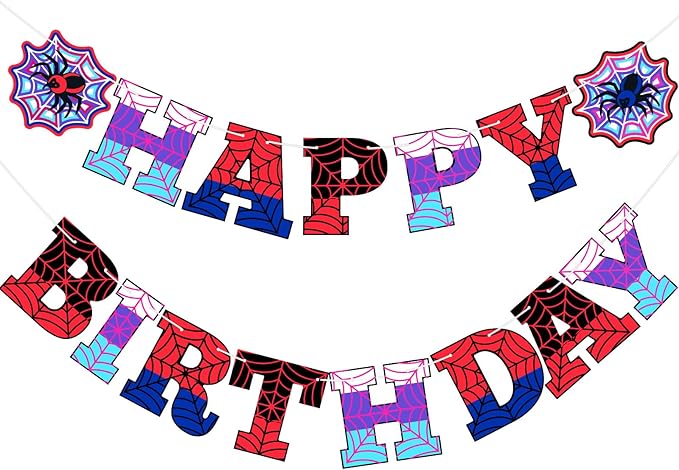 Oudain Spider Theme Birthday Banner Decorations Pre-strung Spider Web Happy Birthday Banner Flags Sign Cartoon Backdrop Party Supplies Favors(Red Purple Blue)