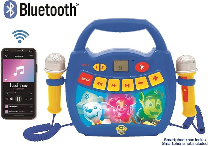 LEXiBOOK – Paw Patrol - Portable Karaoke Digital Player for Kids – Microphones, Light Effects, Bluetooth, Record and Voice Changer Functions, Rechargeable Battery, Blue/red, MP320PAZ