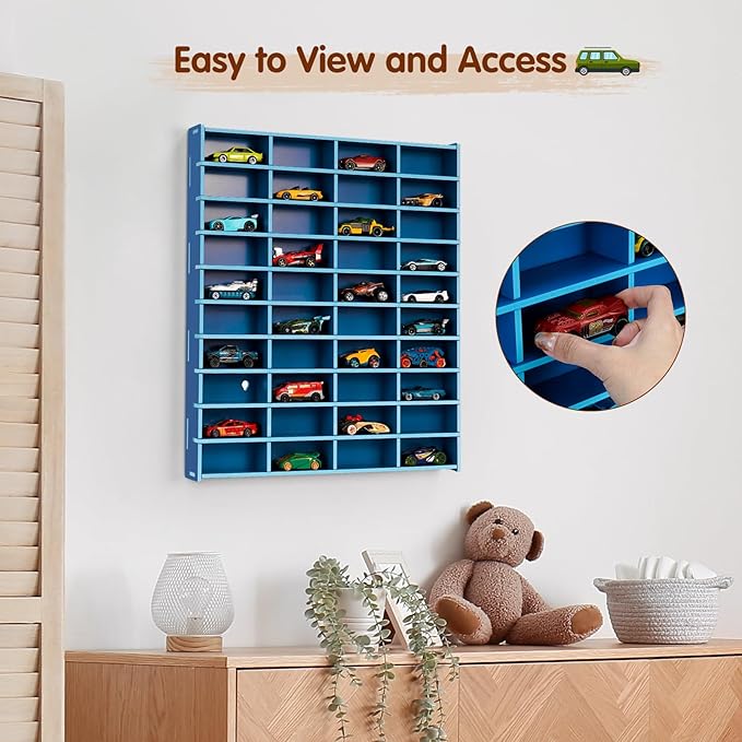 Toy Car Display Shelf, Holds 40 Diecast 1/64 Toy Cars, Wall Mount Model Car Storage Organize Case, Blue
