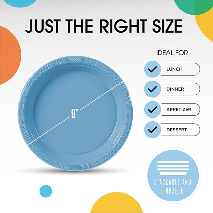 Exquisite Party Solids Light Blue Plastic Plates For Party Supplies 9" Light Blue Disposable Plates Heavy Duty 50 Pcs Plastic Dinnerware Sets Heavy Duty 350 GSM Disposable Dinnerware Set