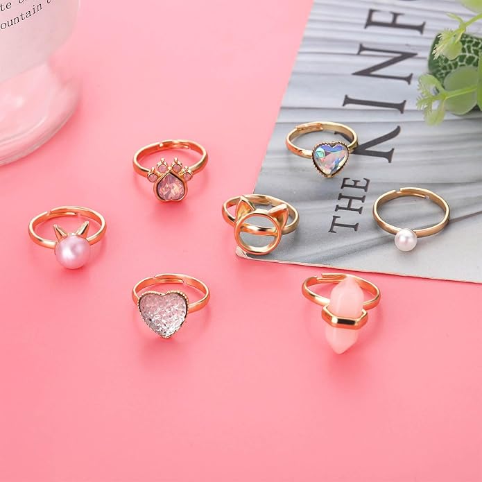 NEWITIN 7 Pieces-100 Pieces Cute Rings for Girls Crystal Ring Girl Pretend Play and Dress up Rings Adjustable Ring Kids Jewelry Little Girl Gift for Girls Kids