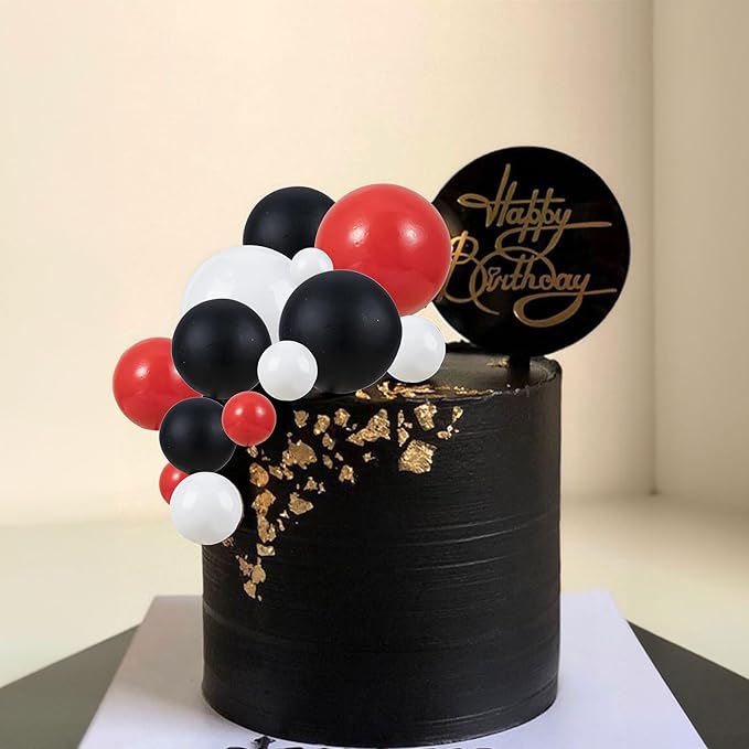 Gyufise 30Pcs Ball Cake Topper Decorations Mini Balloons Cake Topper Sticks Foam Balls Cake Picks Decorations Cake Decorations for Wedding Party Birthday Decorating Red Black White