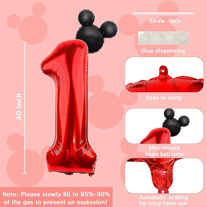 40 Inch Mouse Number 1 Balloon Black Red 1 Balloons for 1st Birthday, Mini Mouse Head Balloon Red Giant Number One Balloons for Mouse Clubhouse Baby Shower Anniversary Supplies Decorations