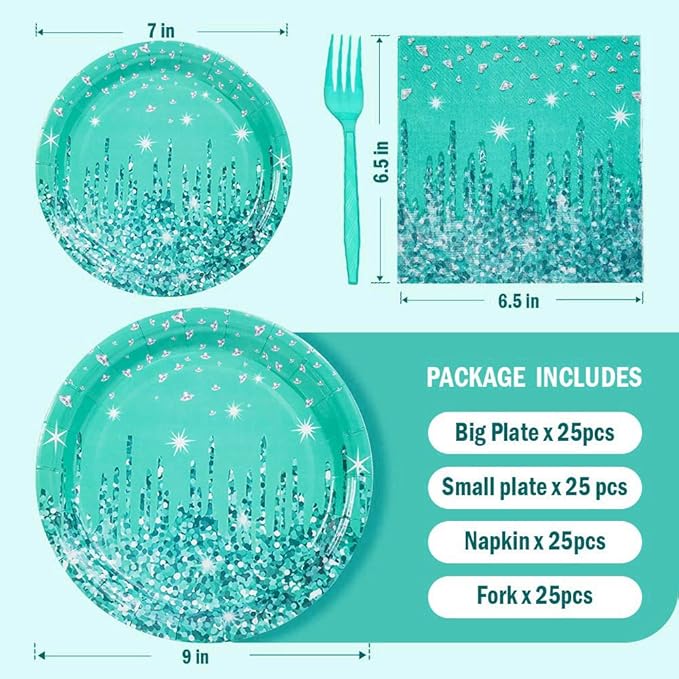 Teal and Silver Tableware Set for Happy Birthday Table Decorations Breakfast Blue Birthday Theme Dessert Plates Napkins Forks Silver Glitter Party Supplies for 25 Guest