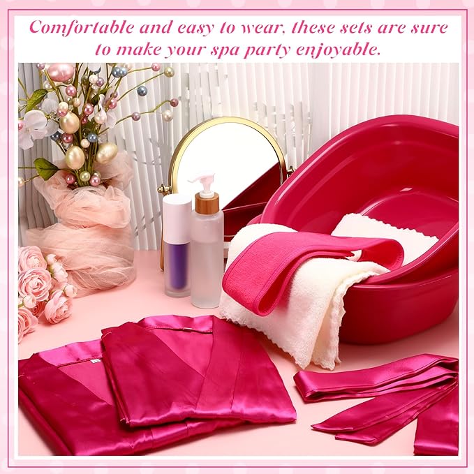 24 Pcs Kids Spa Party Supplies Includes 6 Spa Party Robes 6 Basins 6 Makeup Headband 6 Towels for Sleepover Bath (Rose Red)