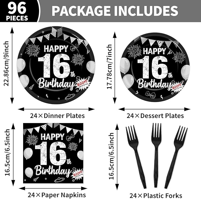 96PCS 16th Birthday Plates and Napkins Black Silver 16th Birthday Supplies for Boys and Girls Disposable Dessert Paper Plates Happy 16 Year Old Party Kids Birthday Gatherings Decorations