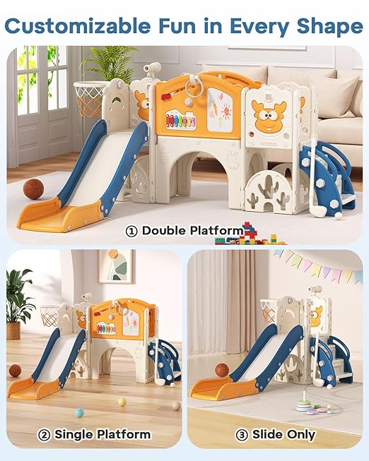 BIERUM Toddler Slide Set with Basketball Hoop, Golf Game & Drawing Board, 13-in-1 Indoor Outdoor Toddler Slides Playground for Kids Ages 1+, Kids Climber Playset for Backyard (Blue&Yellow)