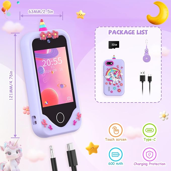 Kids Smart Phone for Girls Gifts - Toddler Christmas Birthday Gift for Age 3 4 5 6 7 8 9 10 Year Old, Kids Cell Phone Toy with Touchscreen, Dual Cameras, Learning, Music Player, Games with 32 GB Card