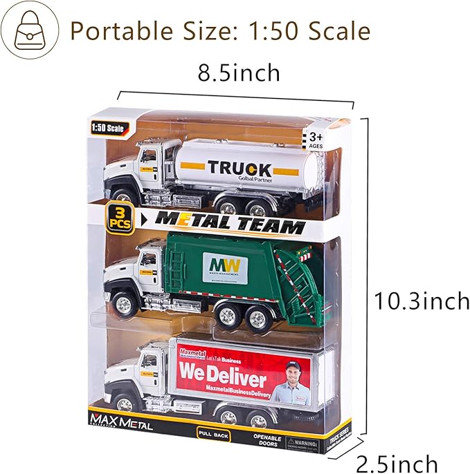 G.C 3 Pack Diecast Transport Vehicles Set - Garbage Truck, Tanker, Delivery Truck 1:50 Scale Pull Back Metal Model Car Toys for Boys