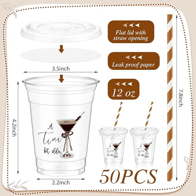 Domensi 50 Pcs Martini Birthday Party Plastic Cup 12 oz a Tini Bit Older Espresso Martini Thick Clear Cup Cocktail Coffee Mugs for Bar Birthday Table Decorations Party Favor Gift