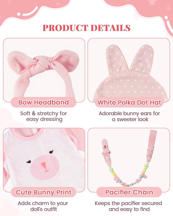 BABESIDE 2 PCS Reborn Baby Doll Clothes with Hat for 17-22 Inch Dolls, Bunny Baby Dolls Outfit Accessories Set BabyClothing,Girls
