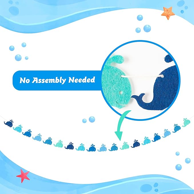WATINC 4pcs Whale Felt Garland Under the Sea Party Decorations, Blue Fish Hanging Bunting Ornament, Summer Ocean Fishing Themed Party Banner Supplies, Baby Shower Birthday Decor for Wall Backdrop