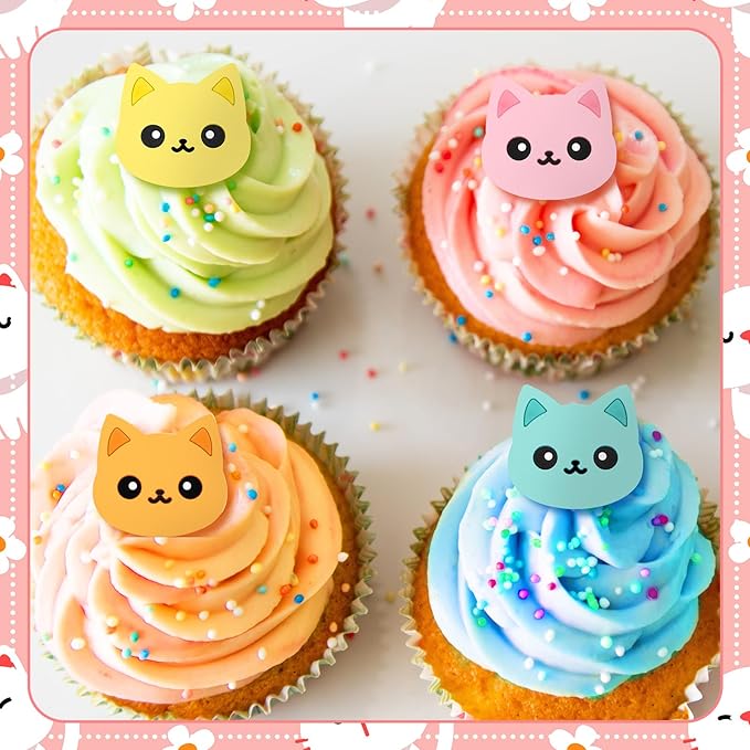 Chuangdi 48 Pieces Cat Cupcake Rings Cute cake Toppers Rings Colorful Cat Birthday Cupcake Decorations for Pet Themed Party Supplies, 4 Styles