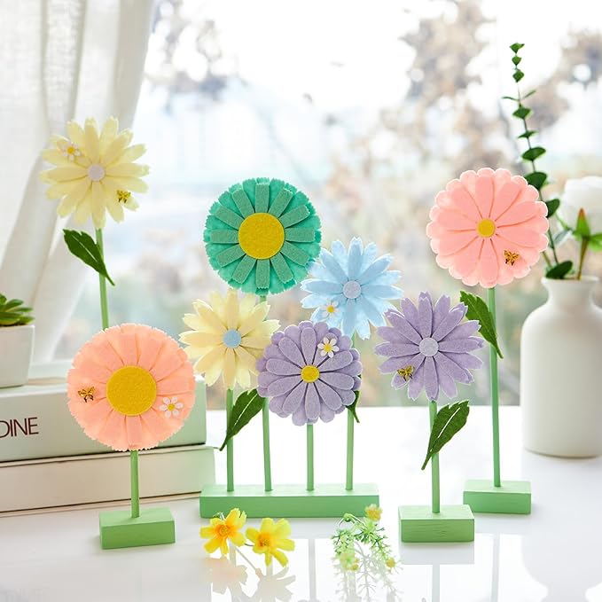 SUNBEAUTY 8PCS Daisy Felt Centerpieces for Tables Pastel Flower Birthday Party Decorations Daisy Birthday Party Decorations Spring Floral Table Decor for Girl Birthday Baby Shower Garden Home Decor
