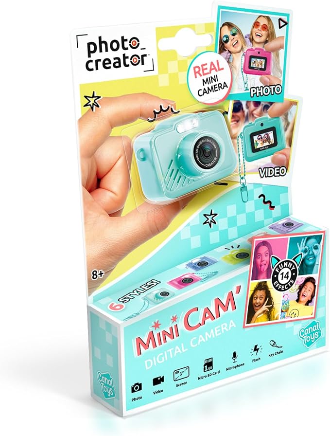 Photo Creator Mini’Cam Original Digital Camera - Turquoise; Customize with 6 Frames and 8 Built-in Color Filters; Compact; 1GB Micro-SD Card Included