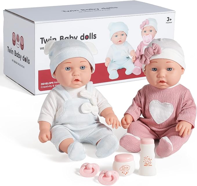 Enjoyin 12'' Twins Baby Doll Playset with Accessories Includes Boy and Girl Dolls, 2 Powder Bottles, and 2 Pacifiers, Ideal Gift for Children Age 3+